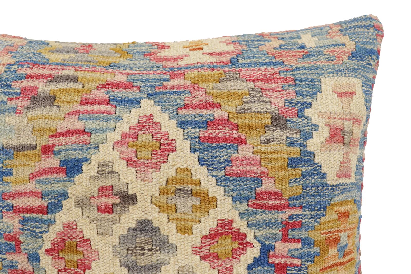 handmade Traditional Pillow Blue Beige Hand-Woven SQUARE 100% WOOL Hand woven turkish pillow2 x 2