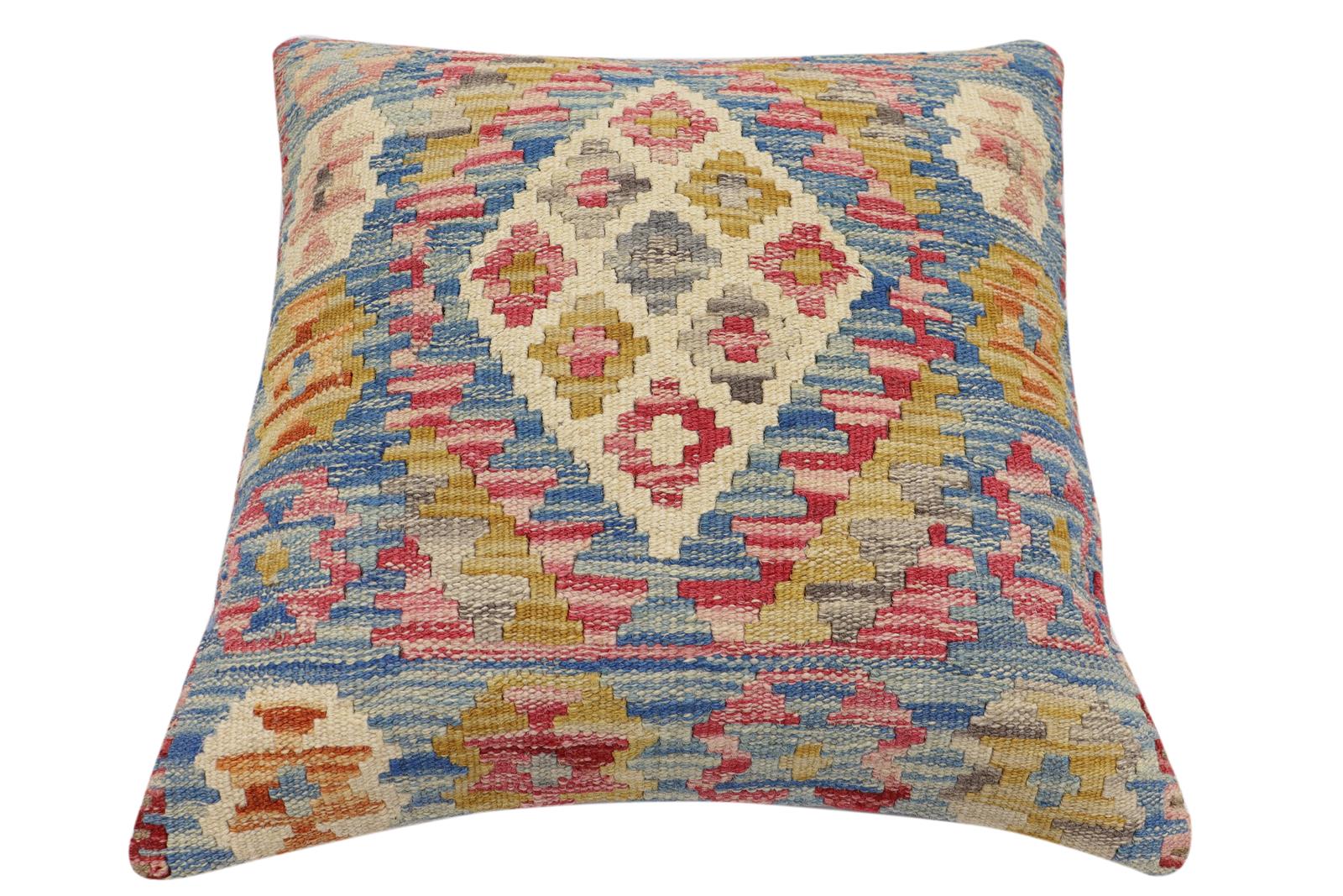 handmade Traditional Pillow Blue Beige Hand-Woven SQUARE 100% WOOL Hand woven turkish pillow2 x 2