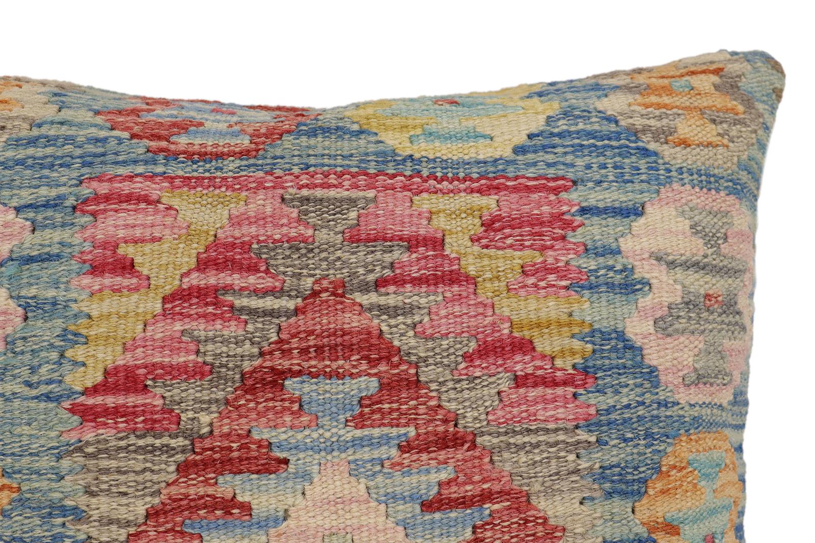 handmade Traditional Pillow Blue Beige Hand-Woven SQUARE 100% WOOL Hand woven turkish pillow2 x 2