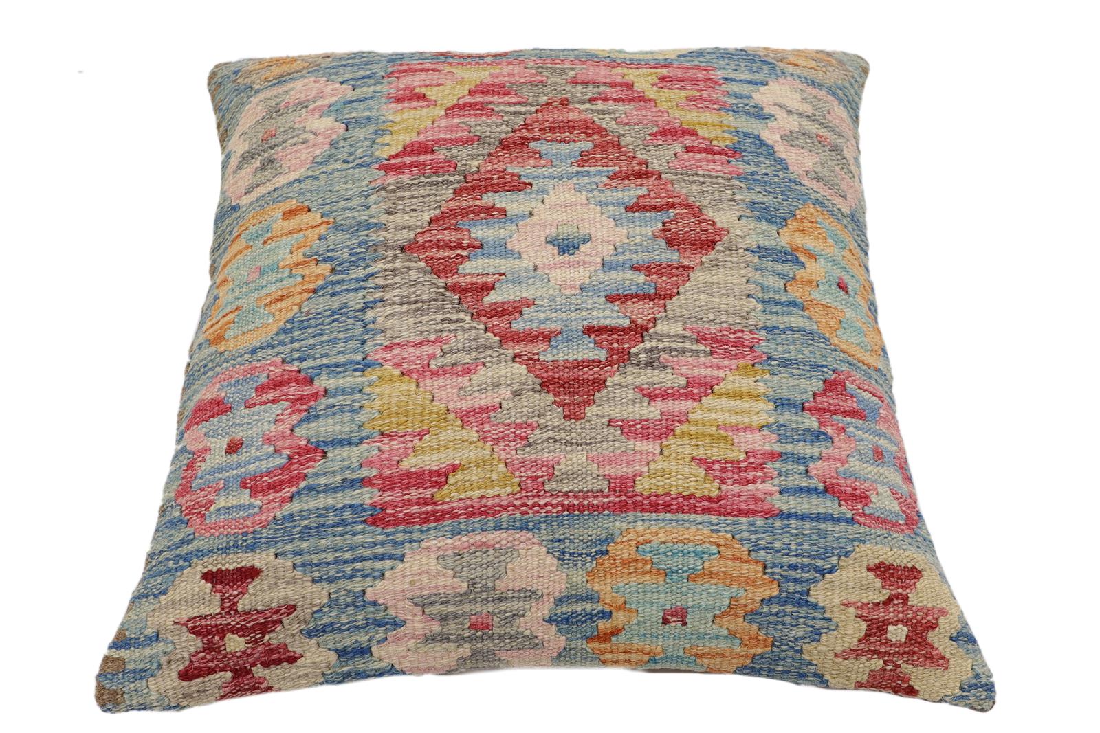 handmade Traditional Pillow Blue Beige Hand-Woven SQUARE 100% WOOL Hand woven turkish pillow2 x 2
