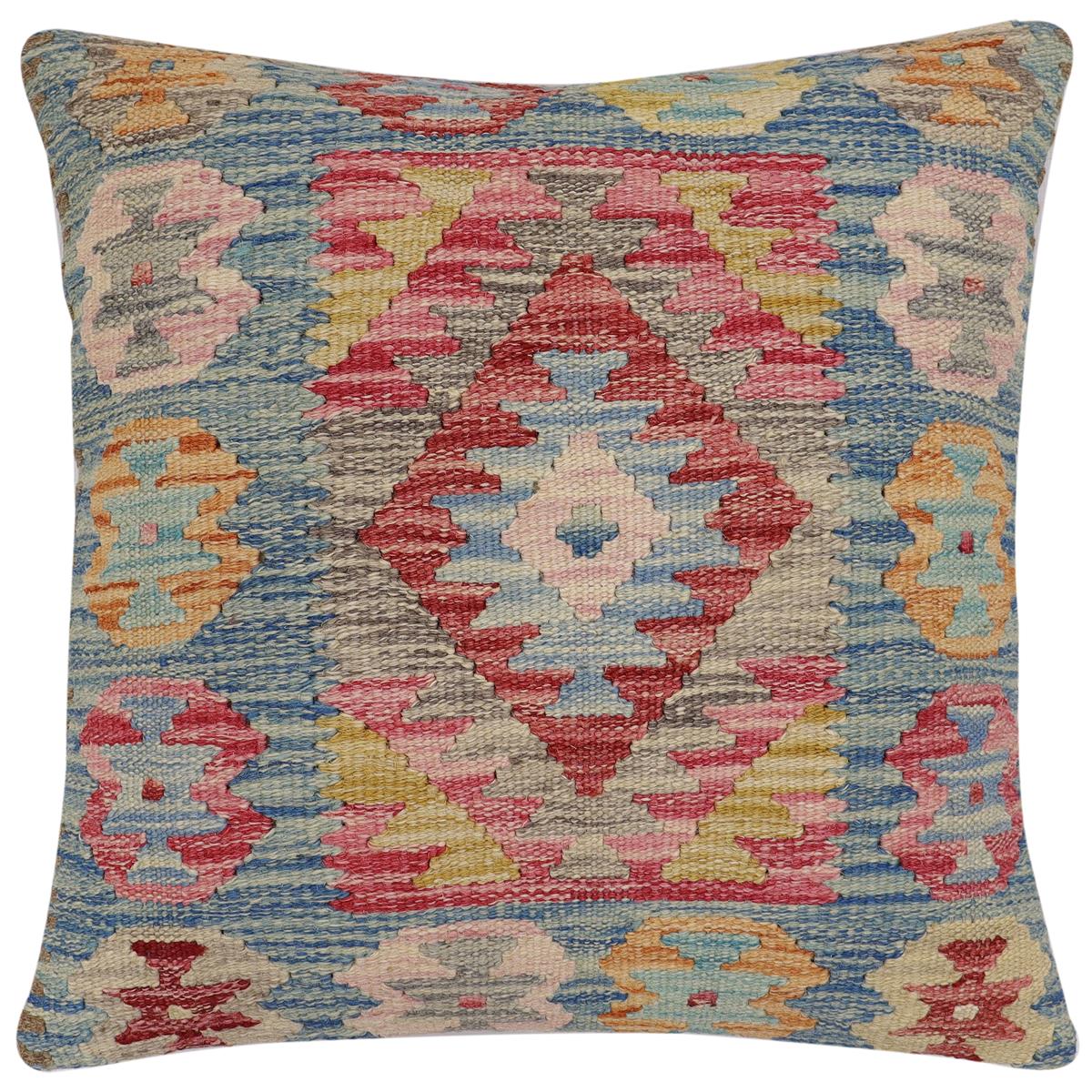 handmade Traditional Pillow Blue Beige Hand-Woven SQUARE 100% WOOL Hand woven turkish pillow2 x 2