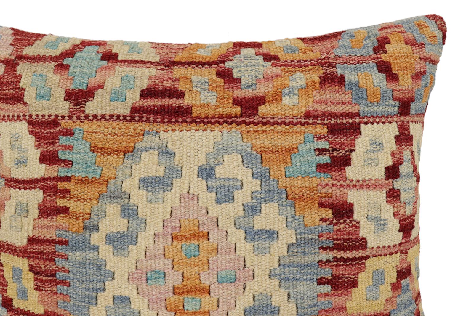handmade Traditional Pillow Rust Blue Hand-Woven SQUARE 100% WOOL Hand woven turkish pillow2 x 2