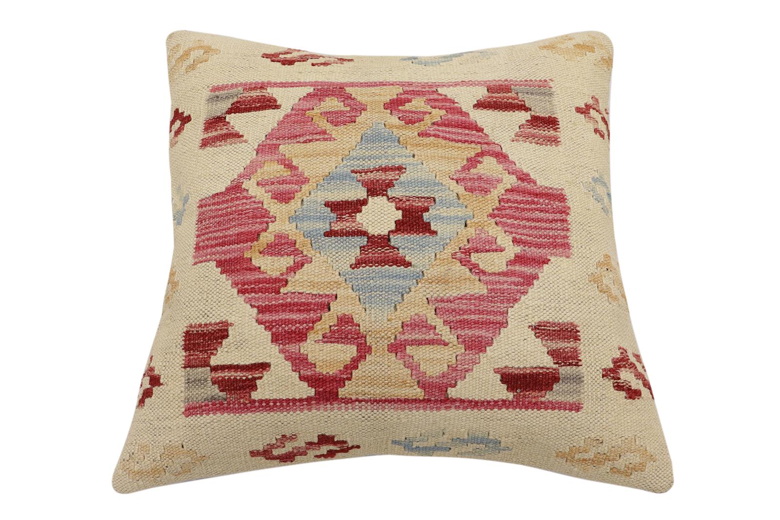 handmade Traditional Pillow Beige Pink Hand-Woven SQUARE 100% WOOL Hand woven turkish pillow2 x 2