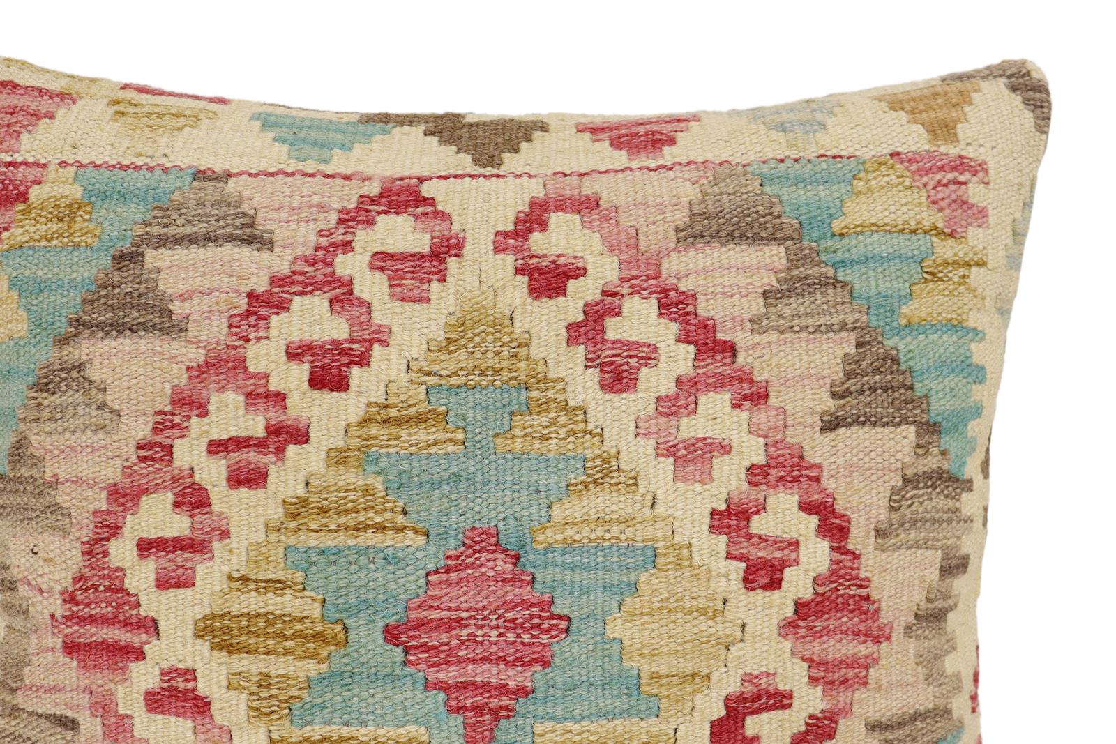 handmade Traditional Pillow Beige Blue Hand-Woven SQUARE 100% WOOL Hand woven turkish pillow2 x 2