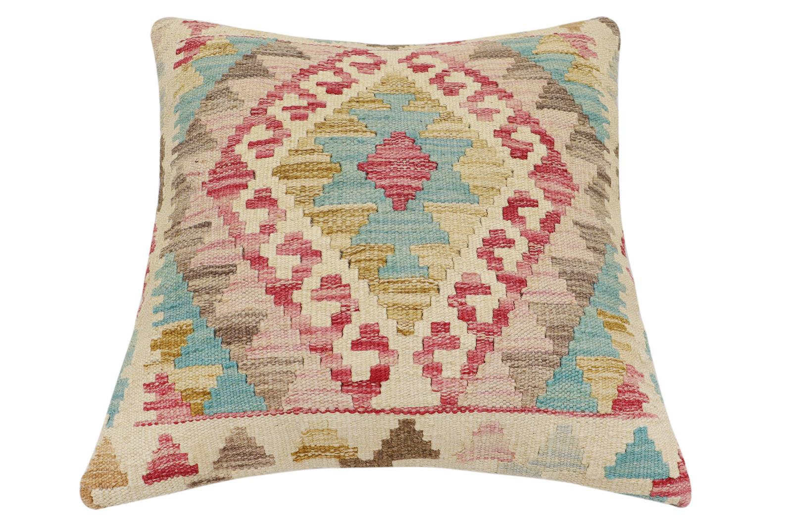 handmade Traditional Pillow Beige Blue Hand-Woven SQUARE 100% WOOL Hand woven turkish pillow2 x 2