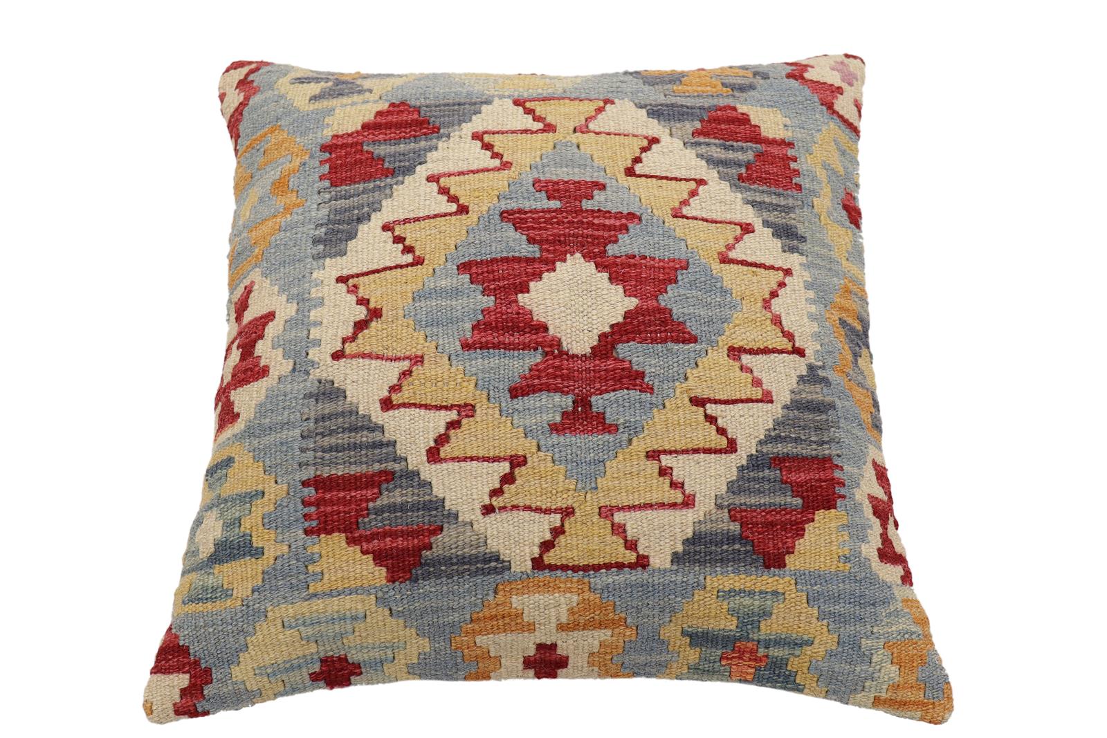 handmade Traditional Pillow Blue Beige Hand-Woven SQUARE 100% WOOL Hand woven turkish pillow2 x 2