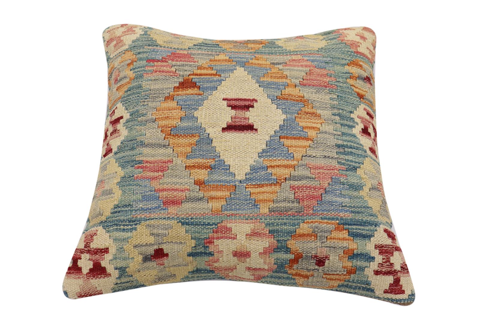 handmade Traditional Pillow Green Blue Hand-Woven SQUARE 100% WOOL Hand woven turkish pillow2 x 2