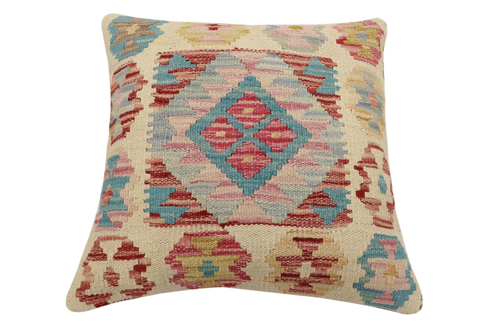 handmade Traditional Pillow Beige Red Hand-Woven SQUARE 100% WOOL Hand woven turkish pillow2 x 2