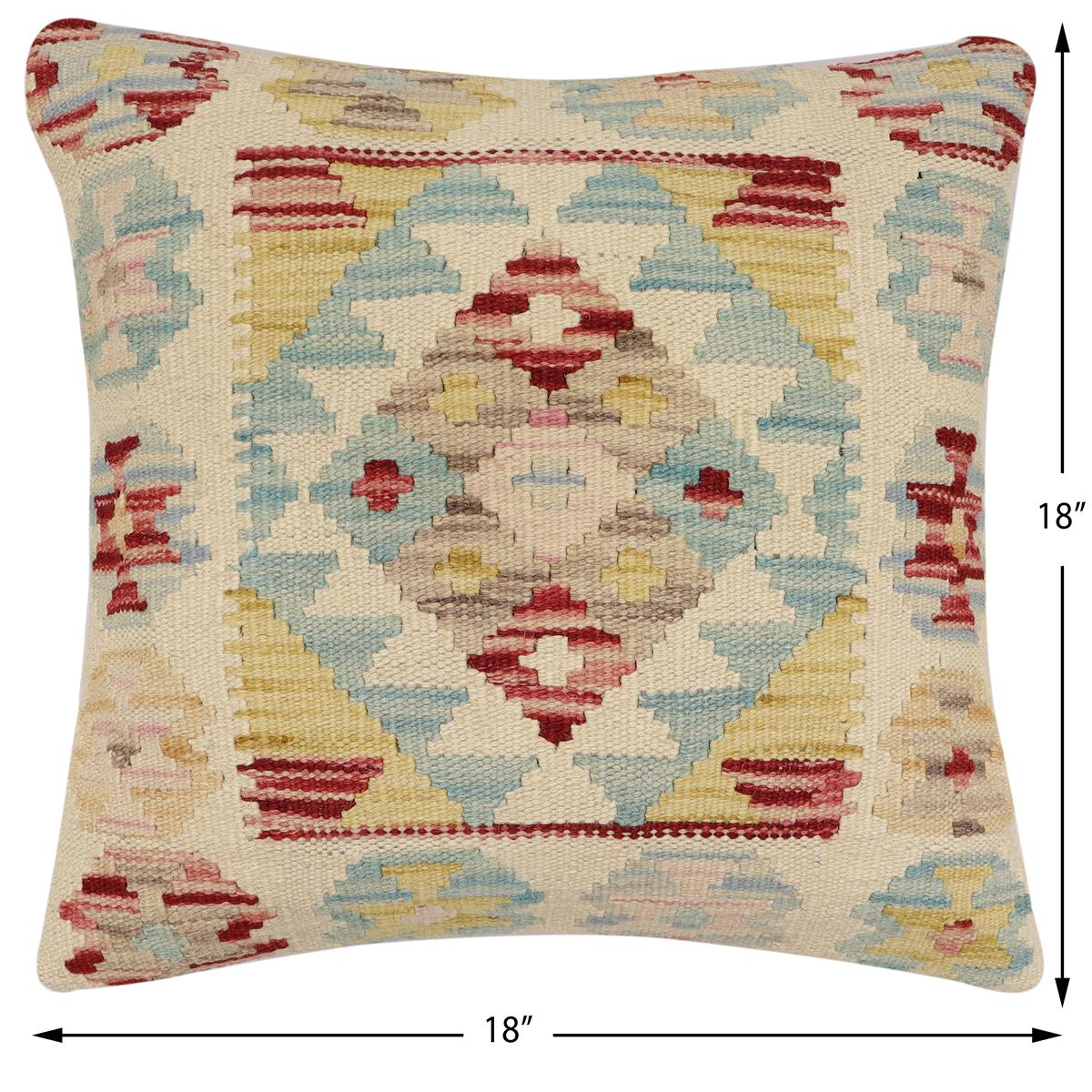 handmade Traditional Pillow Beige Blue Hand-Woven SQUARE 100% WOOL Hand woven turkish pillow2 x 2