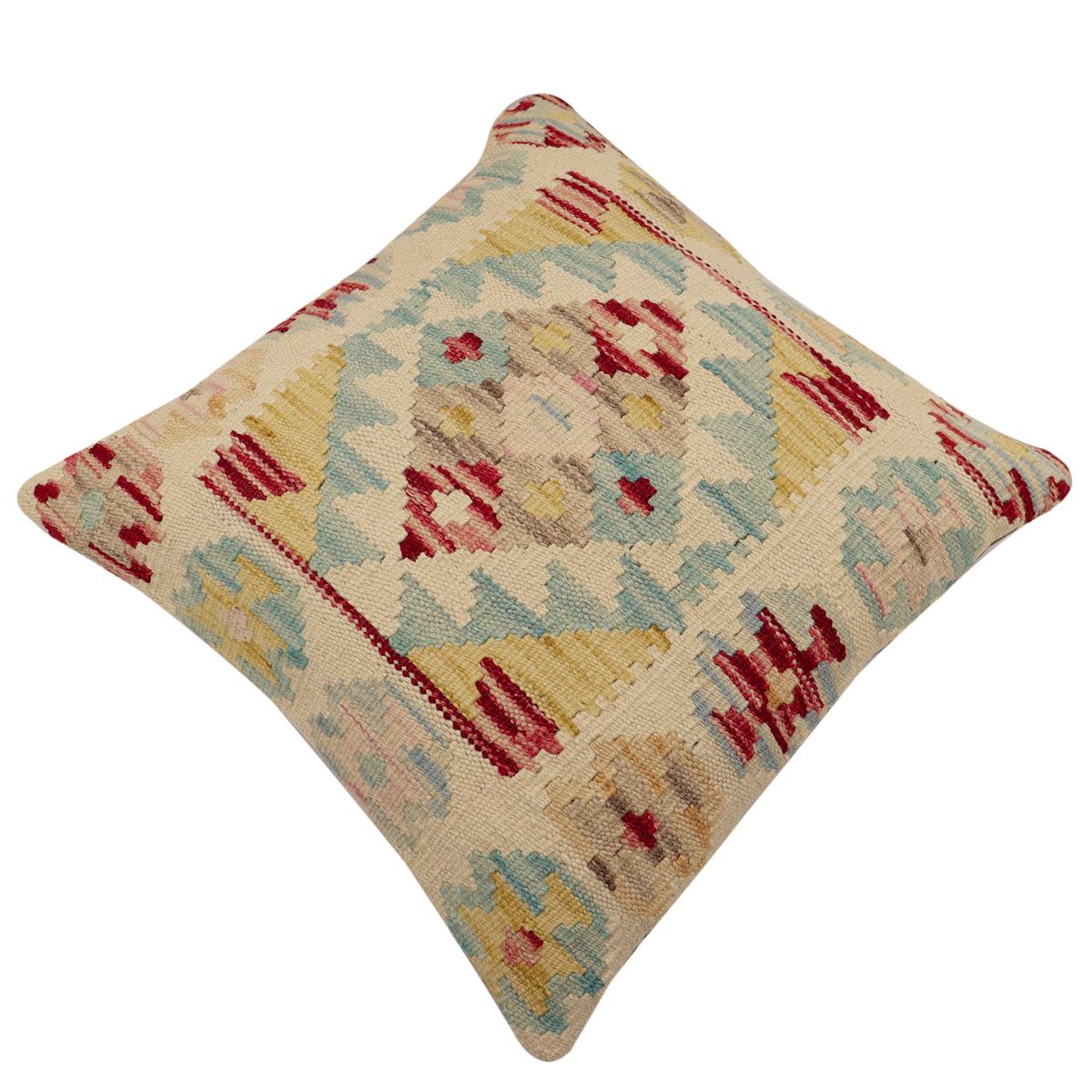 handmade Traditional Pillow Beige Blue Hand-Woven SQUARE 100% WOOL Hand woven turkish pillow2 x 2