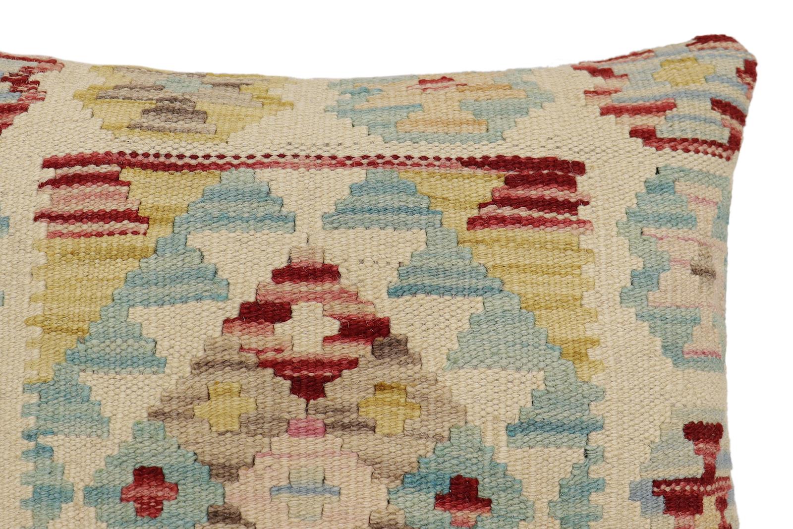 handmade Traditional Pillow Beige Blue Hand-Woven SQUARE 100% WOOL Hand woven turkish pillow2 x 2