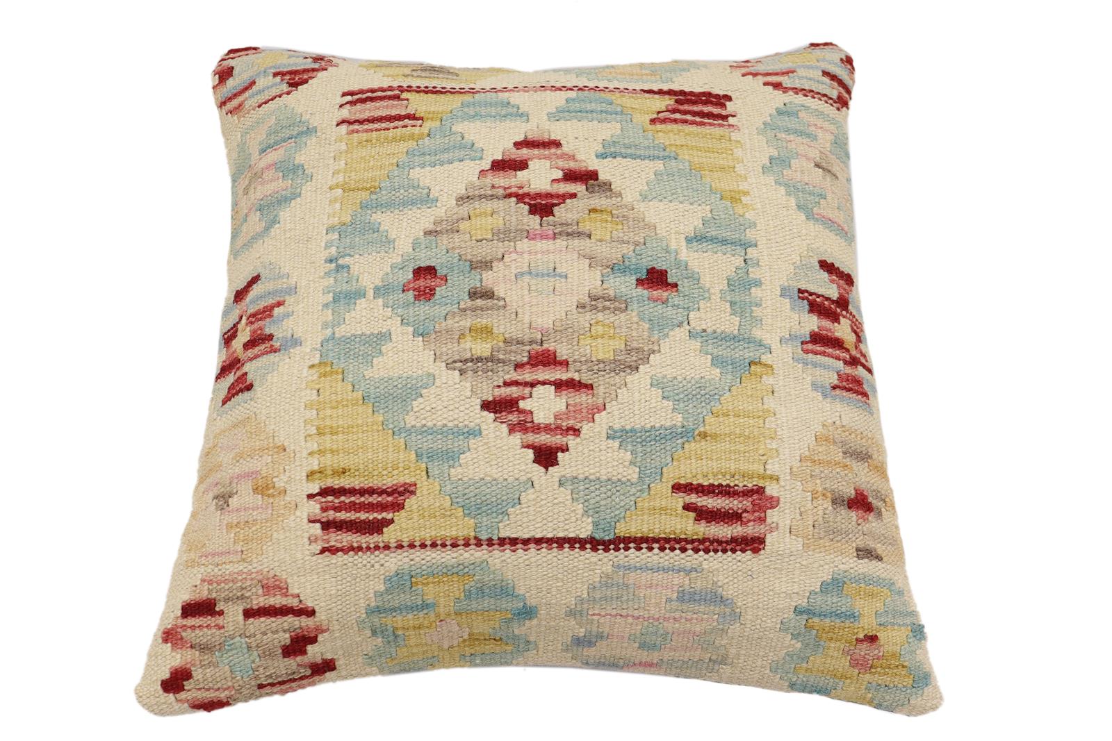 handmade Traditional Pillow Beige Blue Hand-Woven SQUARE 100% WOOL Hand woven turkish pillow2 x 2