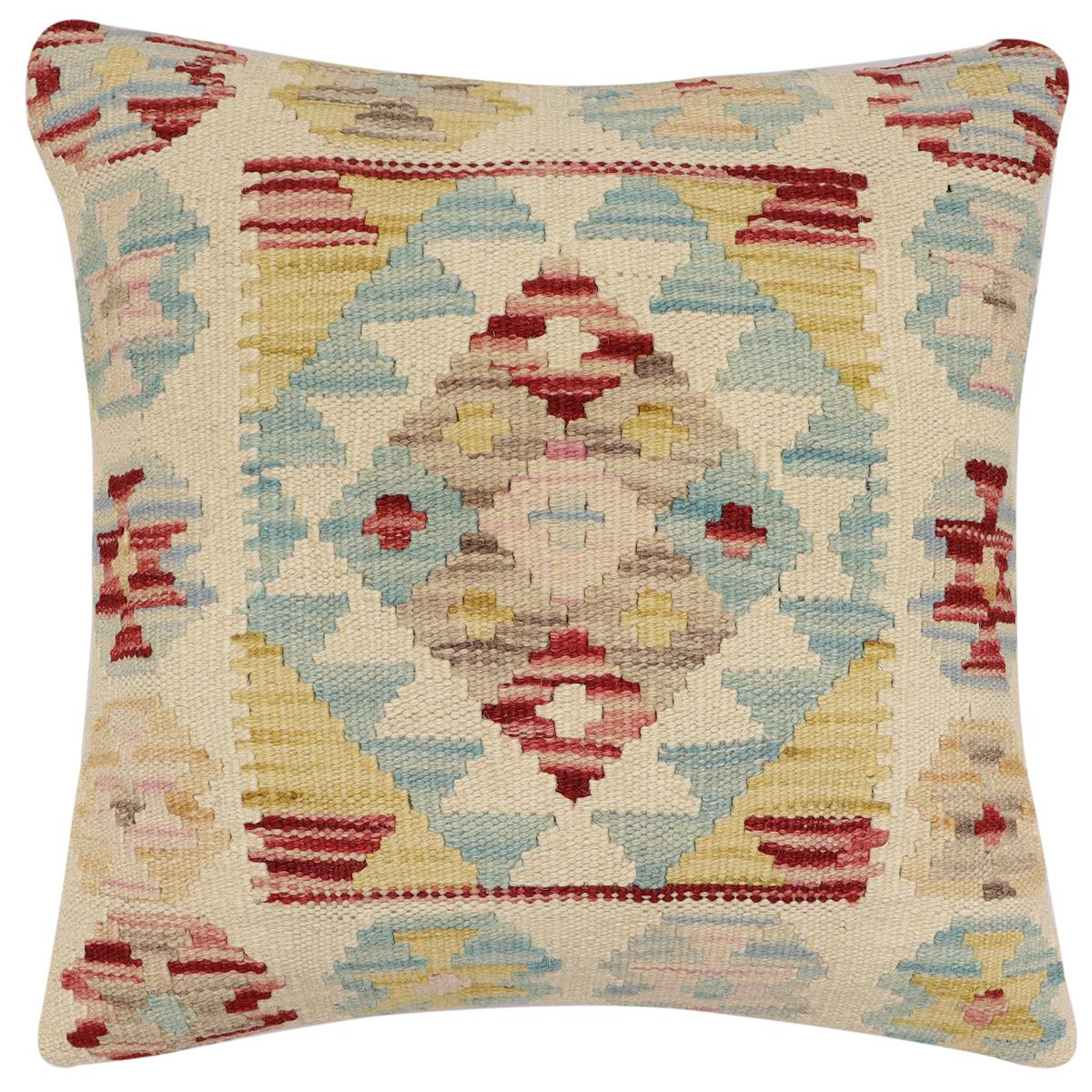 handmade Traditional Pillow Beige Blue Hand-Woven SQUARE 100% WOOL Hand woven turkish pillow2 x 2