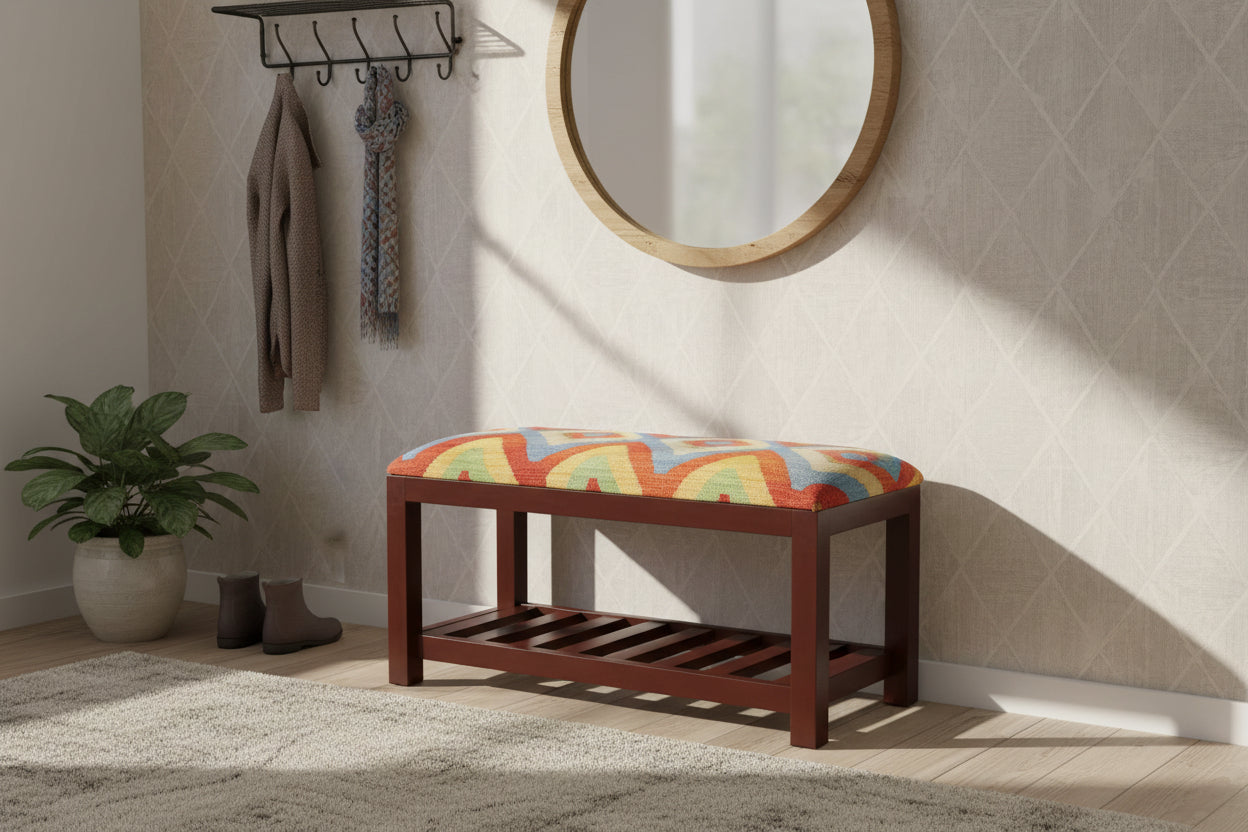 handmade Modern Shoe Rack Rust Blue Hand-made RECTANGLE Vegetable dyed wool and wood  