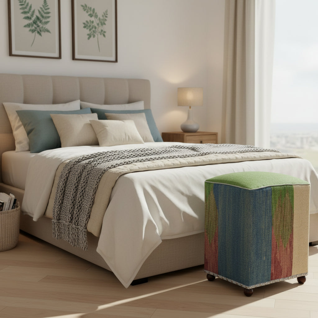 handmade Modern Ottoman Blue Beige Hand-made SQUARE handmade ottoman pouf