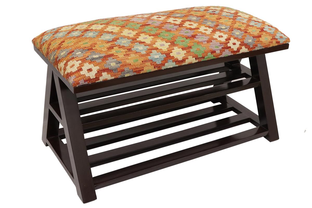 handmade Traditional Shoe Rack Rust Blue Hand-made RECTANGLE Vegetable dyed wool and wood  36 x 17 x 22