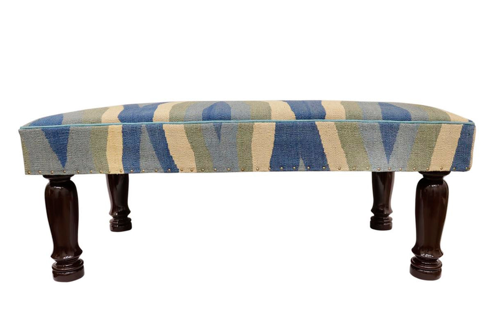 handmade Traditional Settees Blue Beige Hand-made RECTANGLE Vegetable dyed wool and wood  