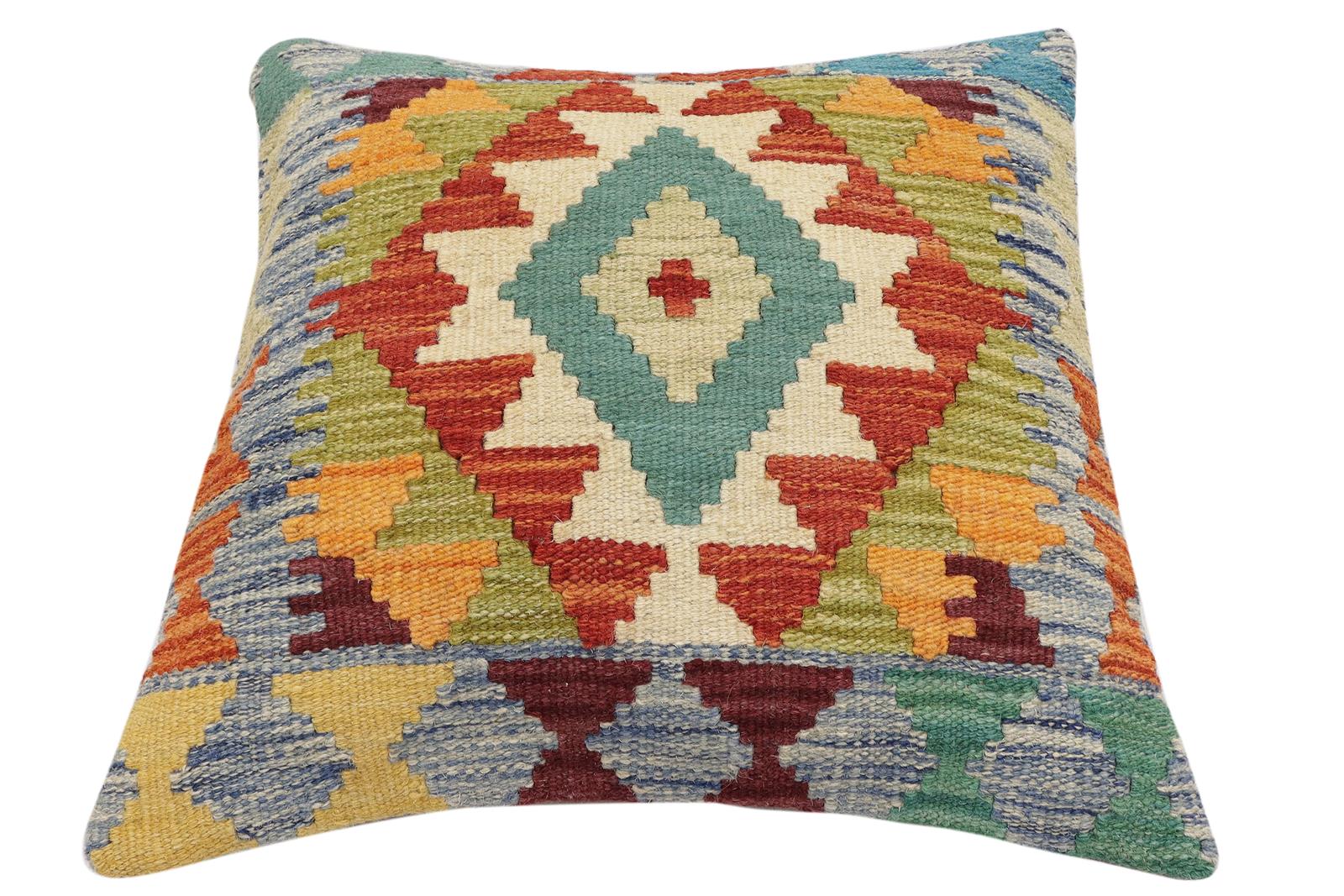 handmade Traditional Pillow Rust Blue Hand-Woven SQUARE 100% WOOL Hand woven turkish pillow2 x 2