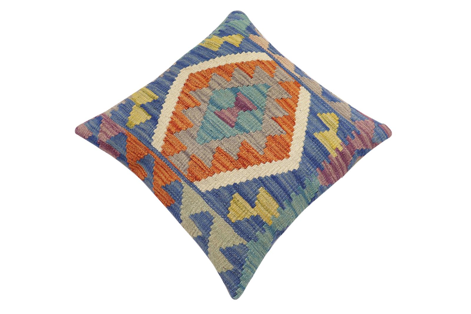 handmade Traditional Pillow Blue Rust Hand-Woven SQUARE 100% WOOL Hand woven turkish pillow2 x 2