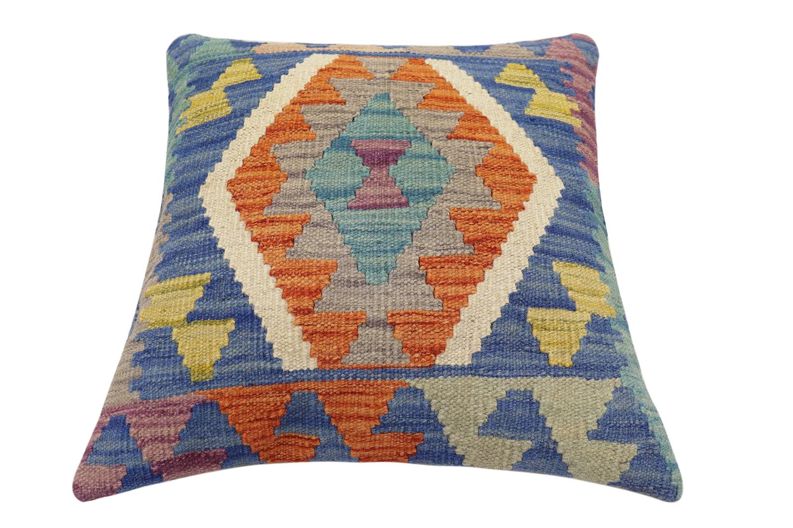 handmade Traditional Pillow Blue Rust Hand-Woven SQUARE 100% WOOL Hand woven turkish pillow2 x 2