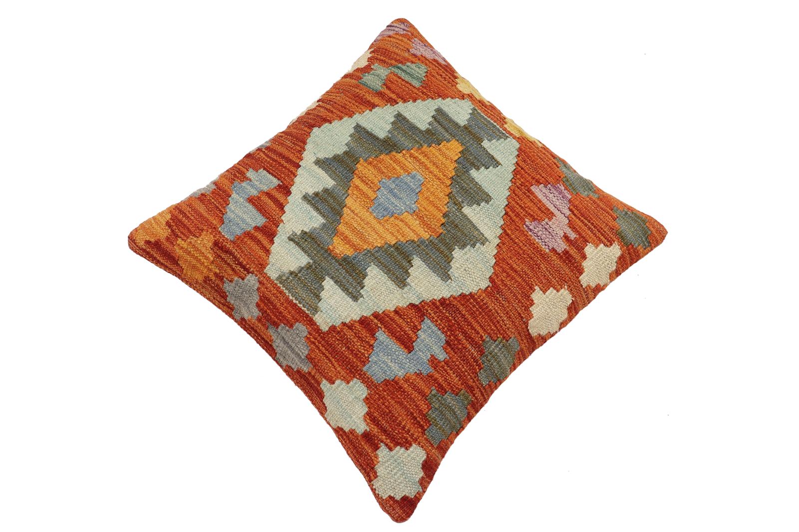 handmade Traditional Pillow Rust Blue Hand-Woven SQUARE 100% WOOL Hand woven turkish pillow2 x 2