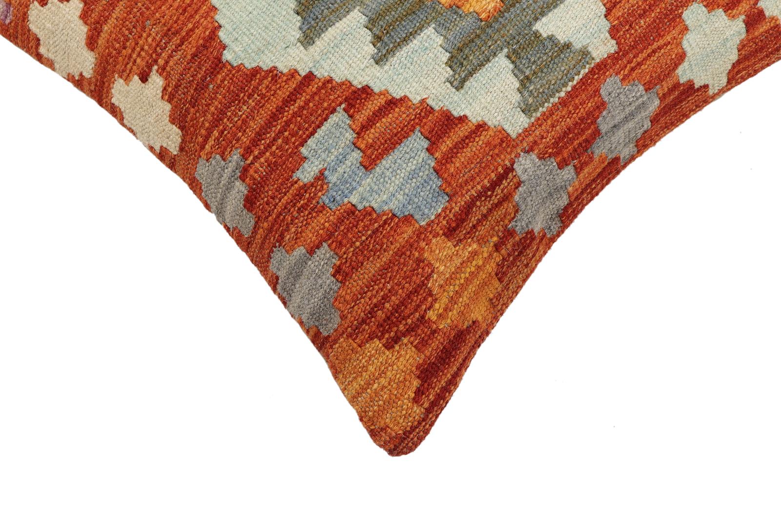 handmade Traditional Pillow Rust Blue Hand-Woven SQUARE 100% WOOL Hand woven turkish pillow2 x 2