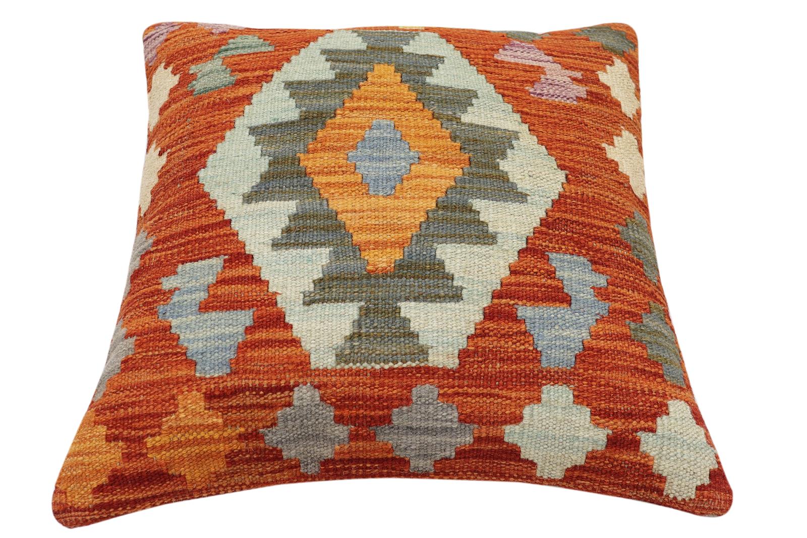handmade Traditional Pillow Rust Blue Hand-Woven SQUARE 100% WOOL Hand woven turkish pillow2 x 2