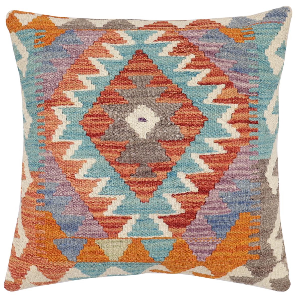 handmade Traditional Pillow Rust Blue Hand-Woven SQUARE 100% WOOL Hand woven turkish pillow2 x 2
