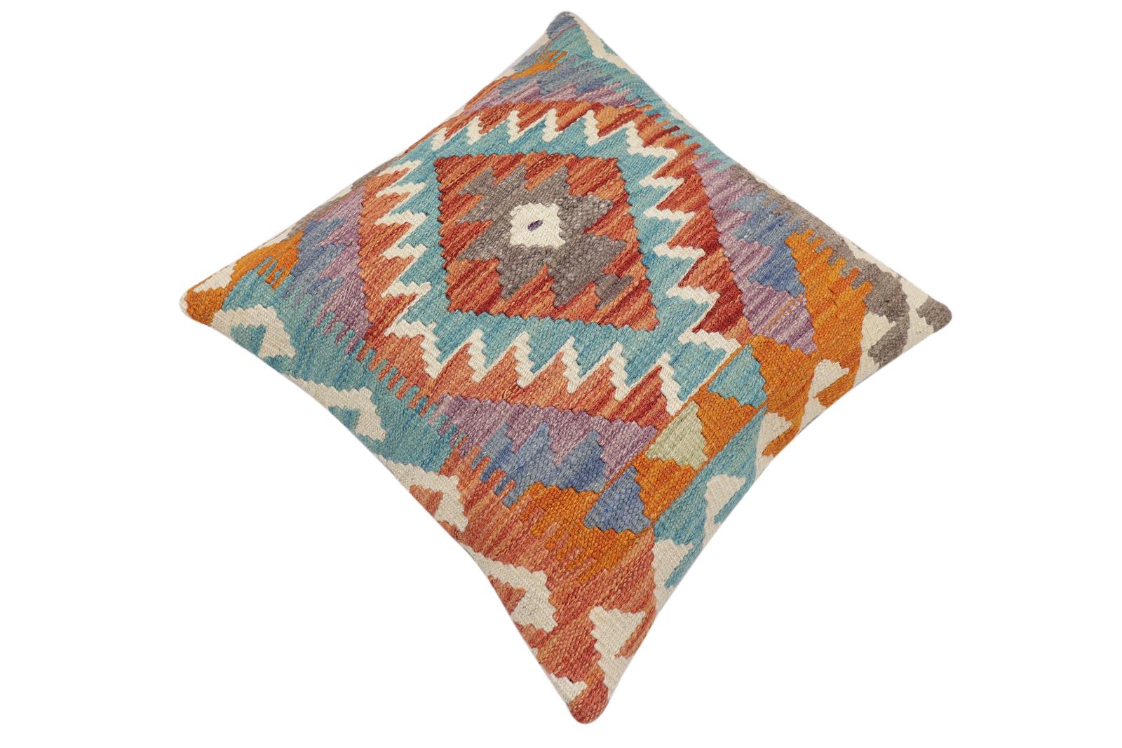 handmade Traditional Pillow Rust Blue Hand-Woven SQUARE 100% WOOL Hand woven turkish pillow2 x 2