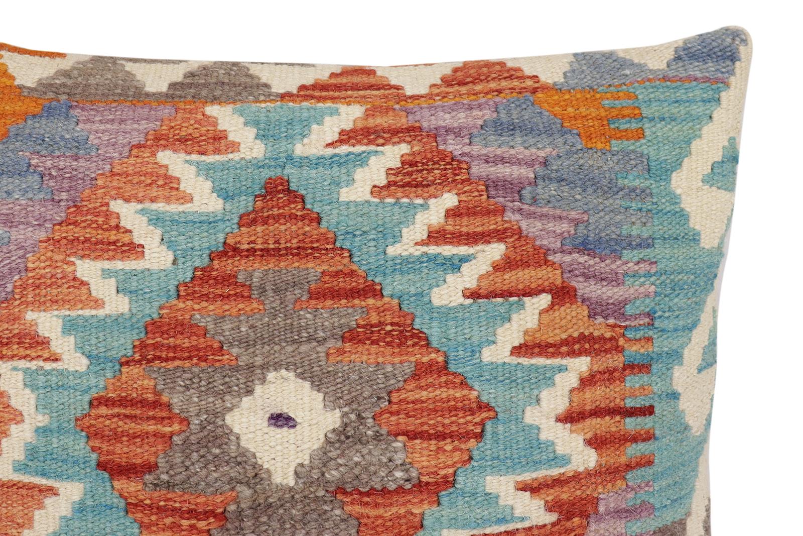 handmade Traditional Pillow Rust Blue Hand-Woven SQUARE 100% WOOL Hand woven turkish pillow2 x 2