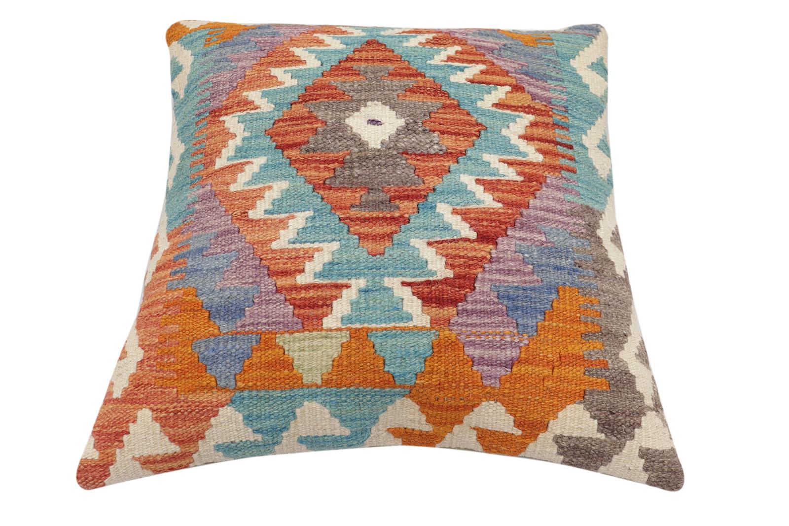 handmade Traditional Pillow Rust Blue Hand-Woven SQUARE 100% WOOL Hand woven turkish pillow2 x 2