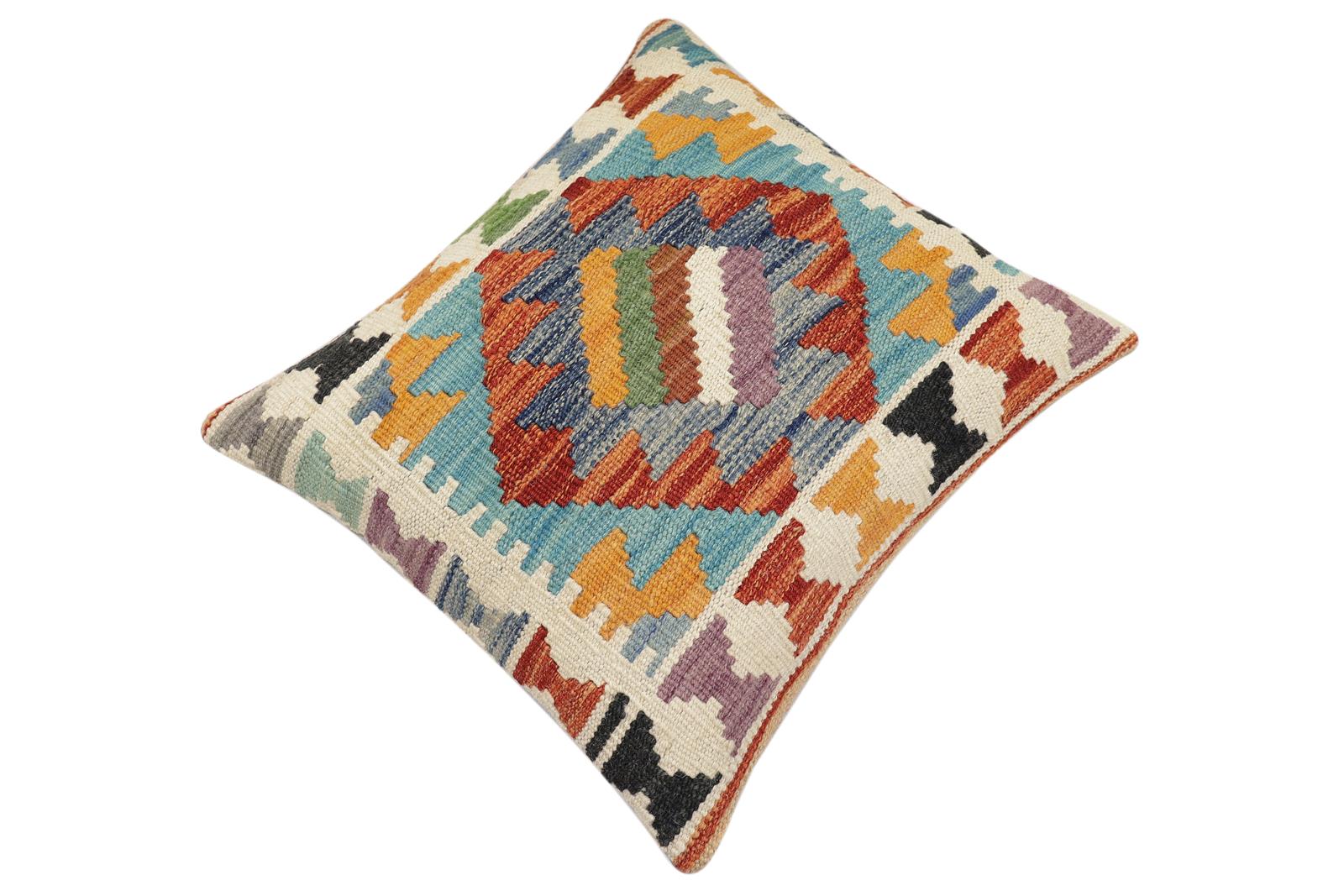 handmade Traditional Pillow Rust Blue Hand-Woven SQUARE 100% WOOL  Hand woven turkish pillow  3 x 5