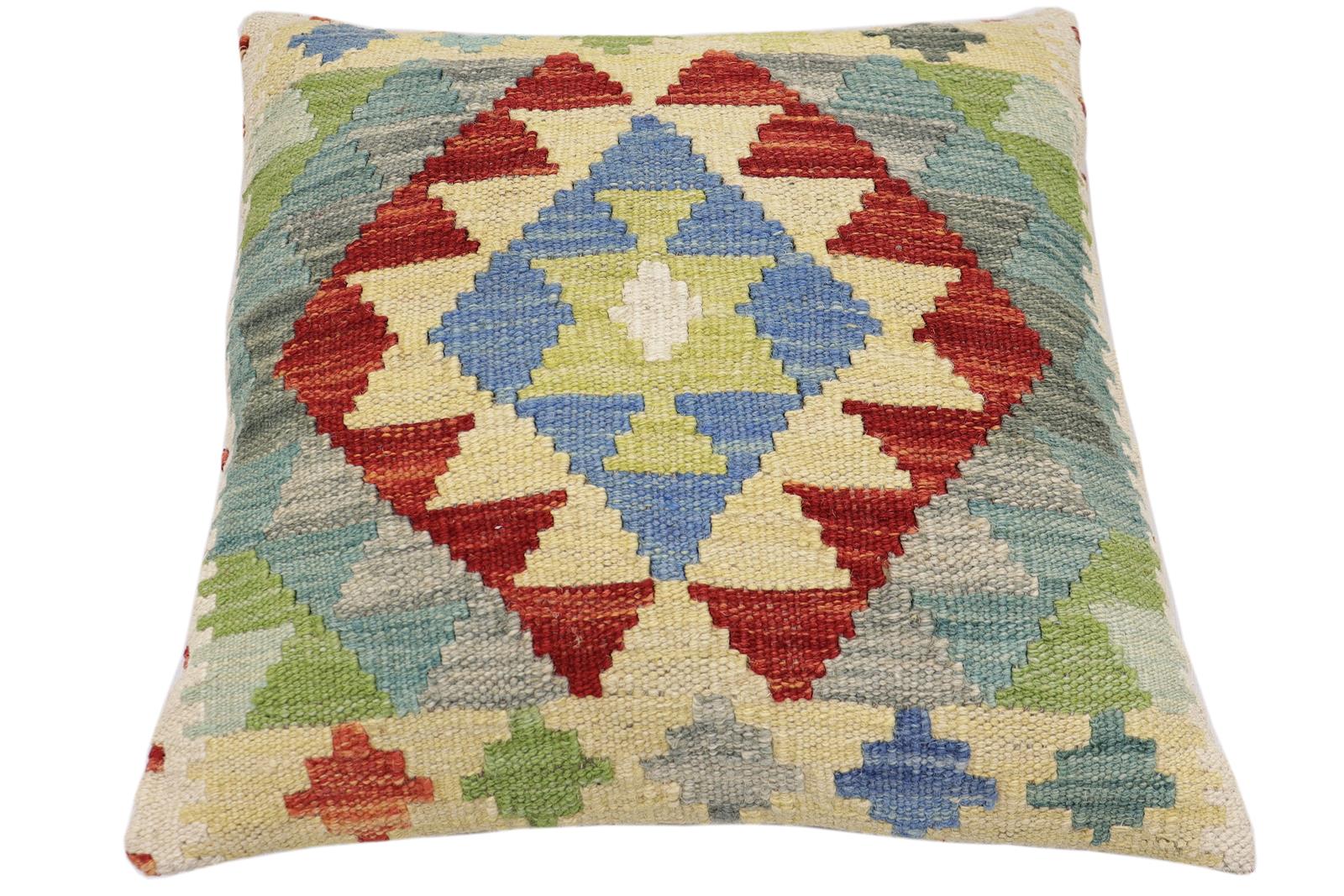 handmade Traditional Pillow Rust Blue Hand-Woven SQUARE 100% WOOL Hand woven turkish pillow2 x 2