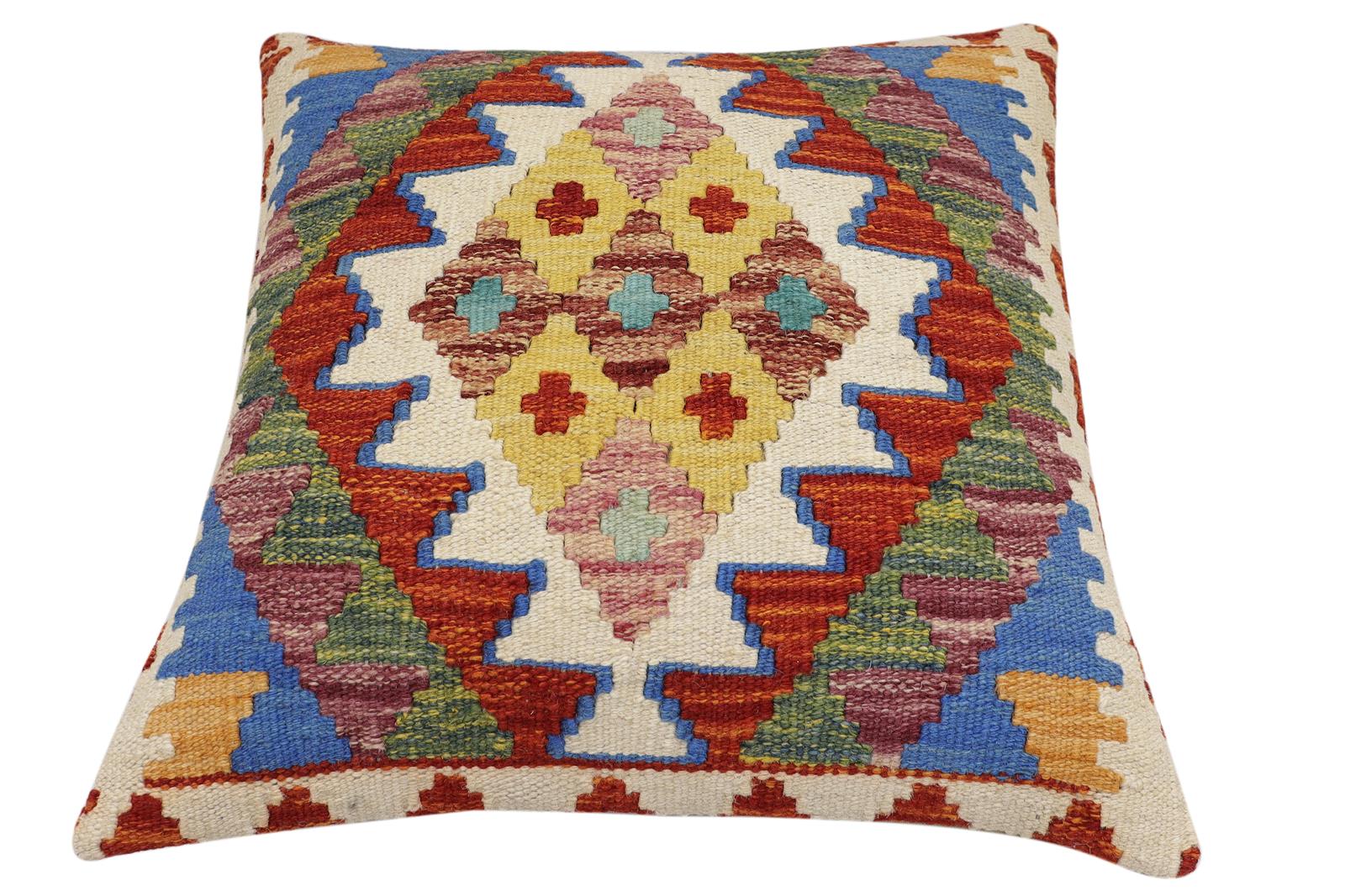 handmade Traditional Pillow Rust Blue Hand-Woven SQUARE 100% WOOL Hand woven turkish pillow2 x 2