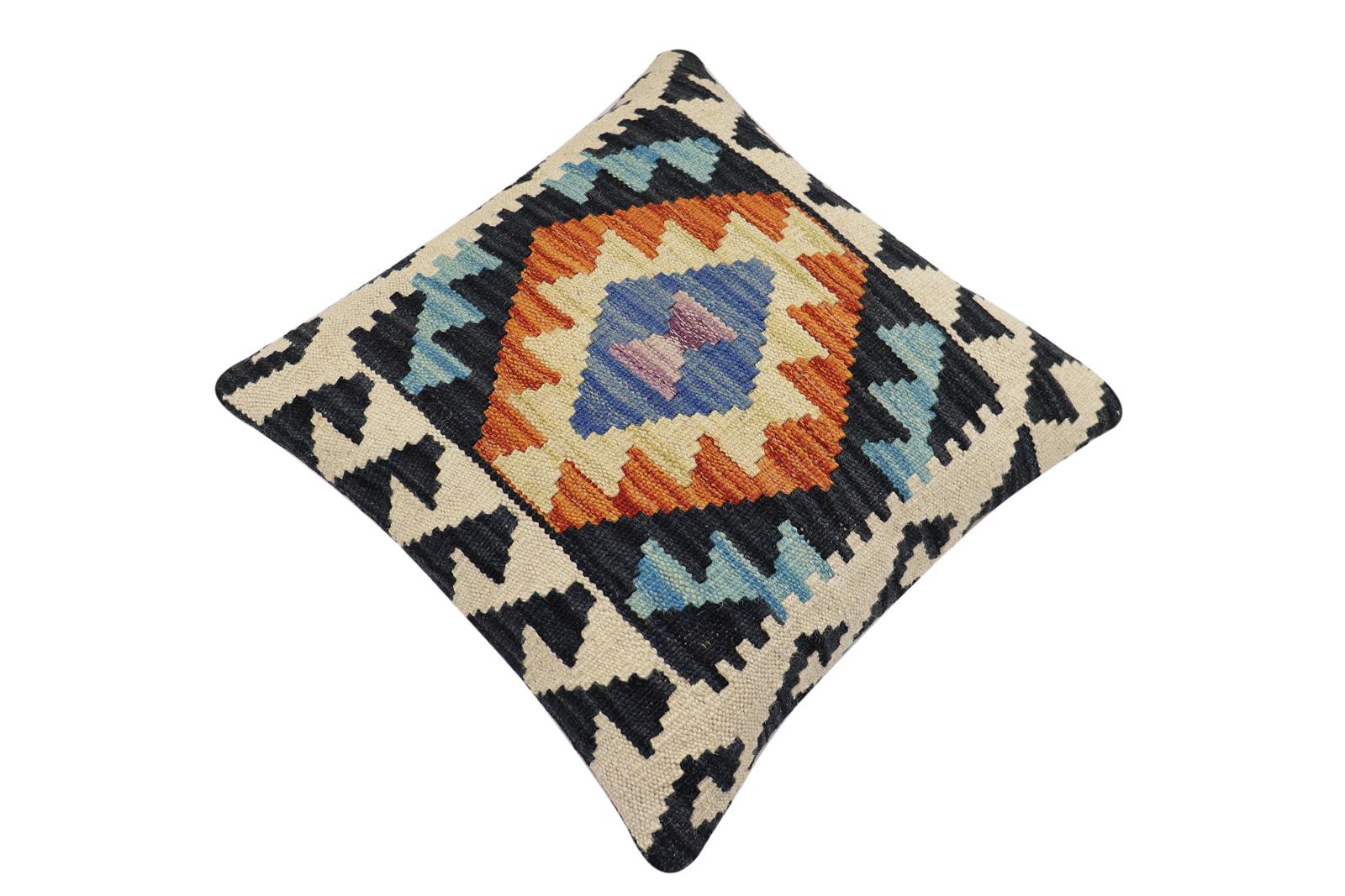 handmade Traditional Pillow Blue Rust Hand-Woven SQUARE 100% WOOL Hand woven turkish pillow2 x 2