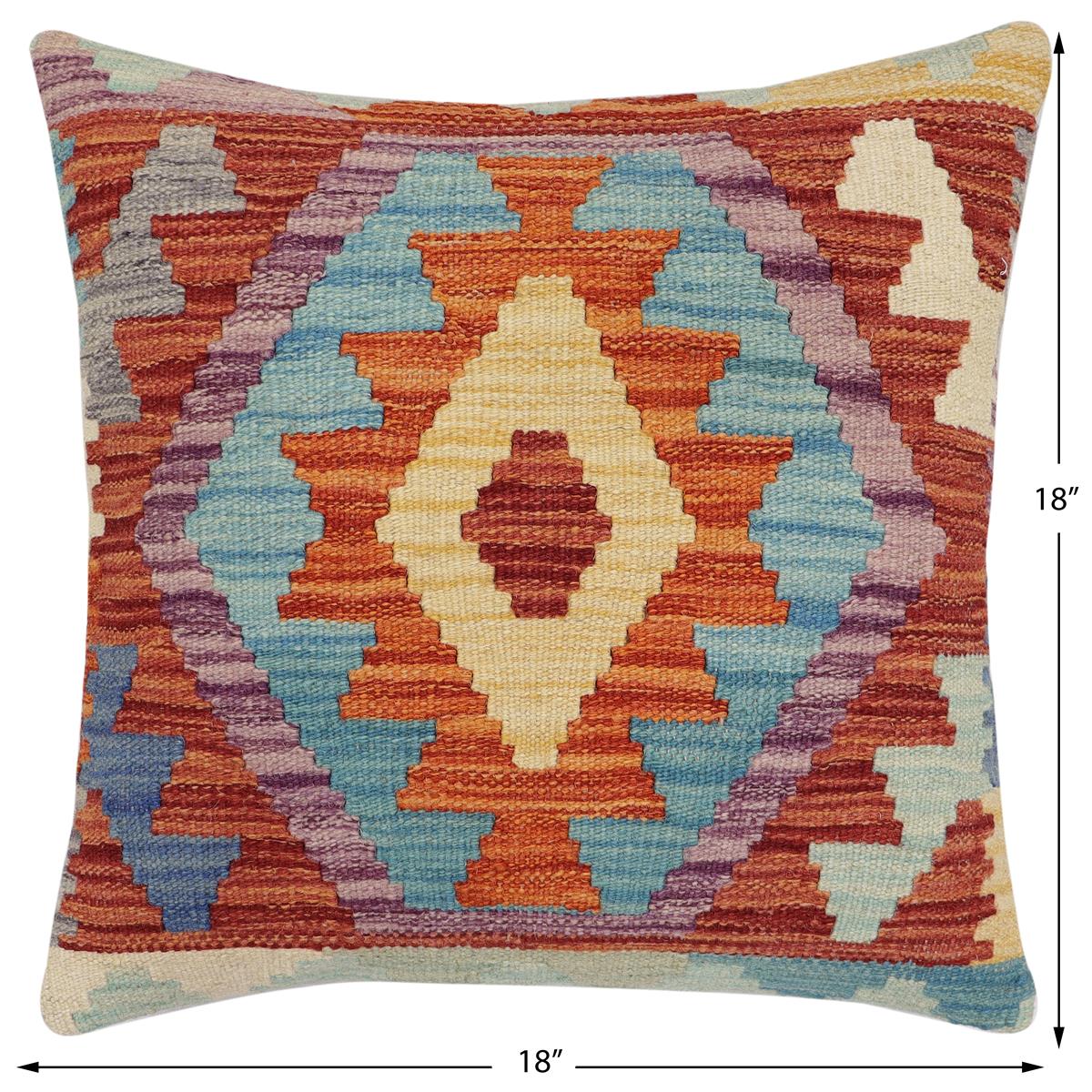 handmade Traditional Pillow Rust Blue Hand-Woven SQUARE 100% WOOL Hand woven turkish pillow2 x 2
