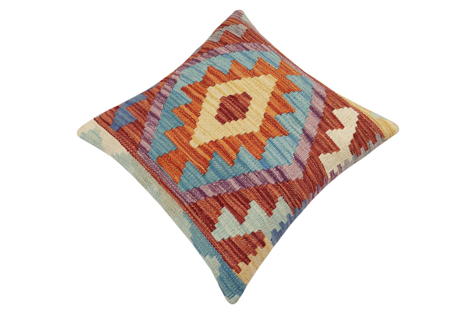 handmade Traditional Pillow Rust Blue Hand-Woven SQUARE 100% WOOL Hand woven turkish pillow2 x 2