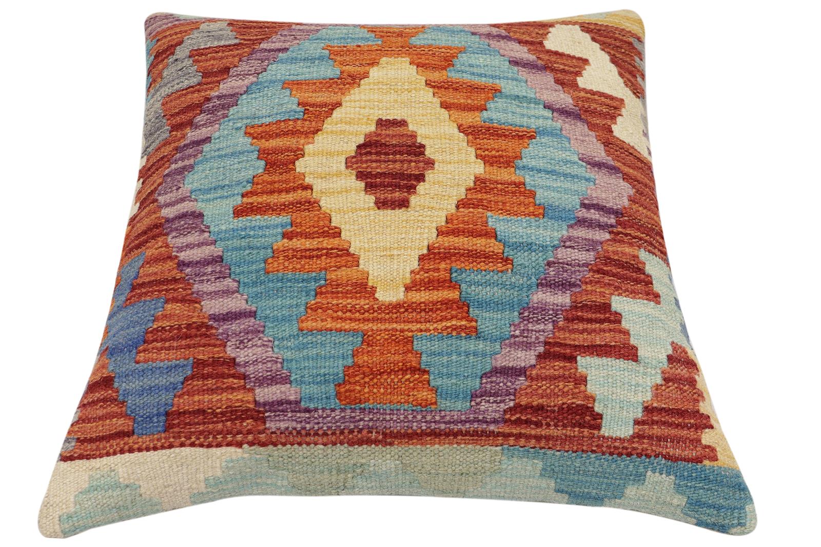 handmade Traditional Pillow Rust Blue Hand-Woven SQUARE 100% WOOL Hand woven turkish pillow2 x 2