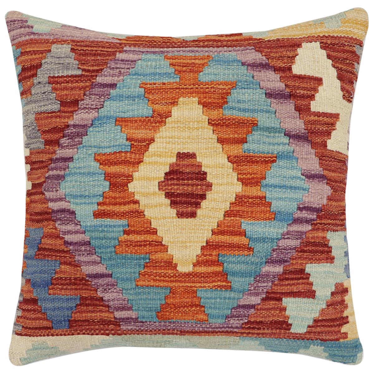 handmade Traditional Pillow Rust Blue Hand-Woven SQUARE 100% WOOL Hand woven turkish pillow2 x 2