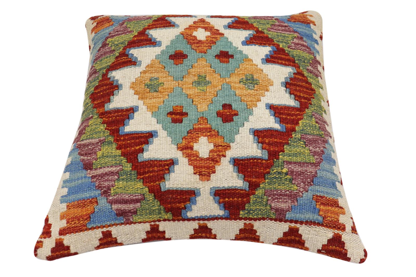 handmade Traditional Pillow Rust Blue Hand-Woven SQUARE 100% WOOL Hand woven turkish pillow2 x 2