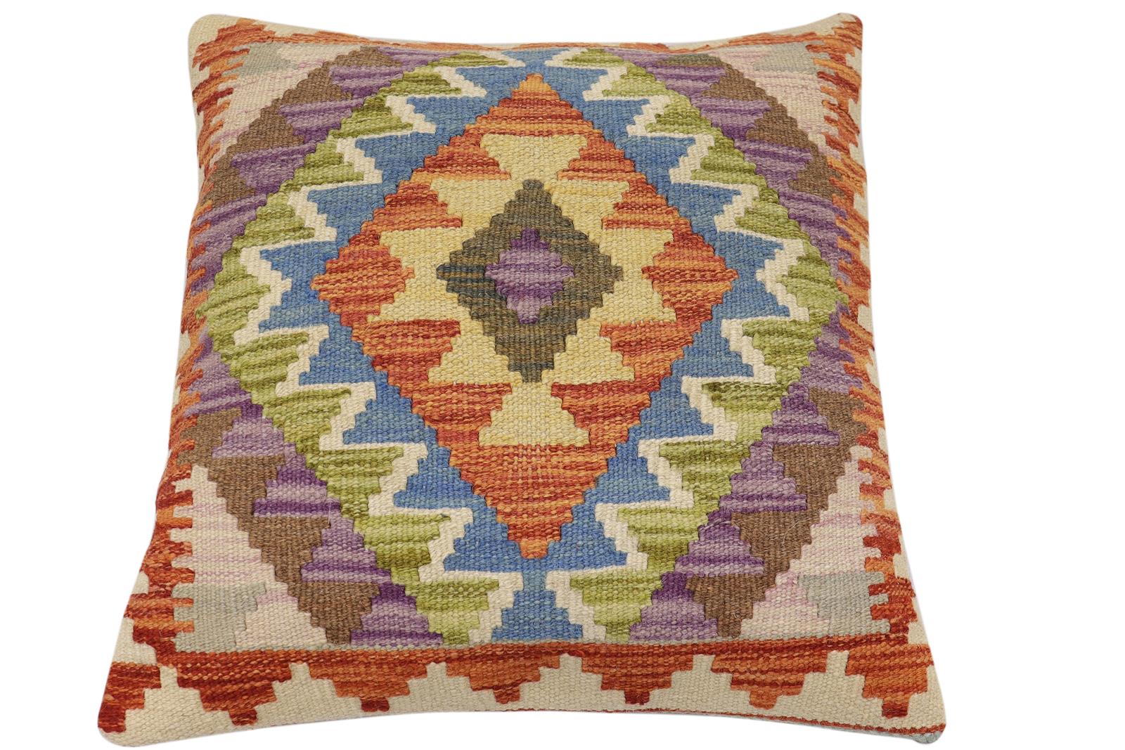 handmade Traditional Pillow Rust Blue Hand-Woven SQUARE 100% WOOL Hand woven turkish pillow2 x 2