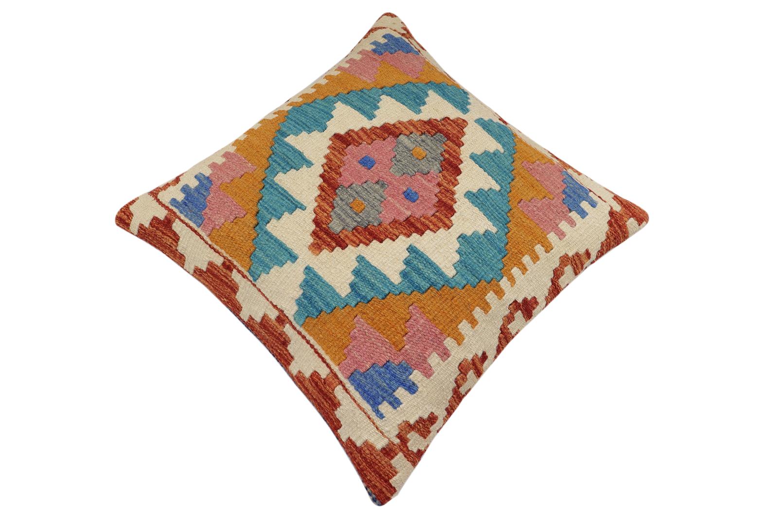 handmade Traditional Pillow Rust Blue Hand-Woven SQUARE 100% WOOL Hand woven turkish pillow2 x 2