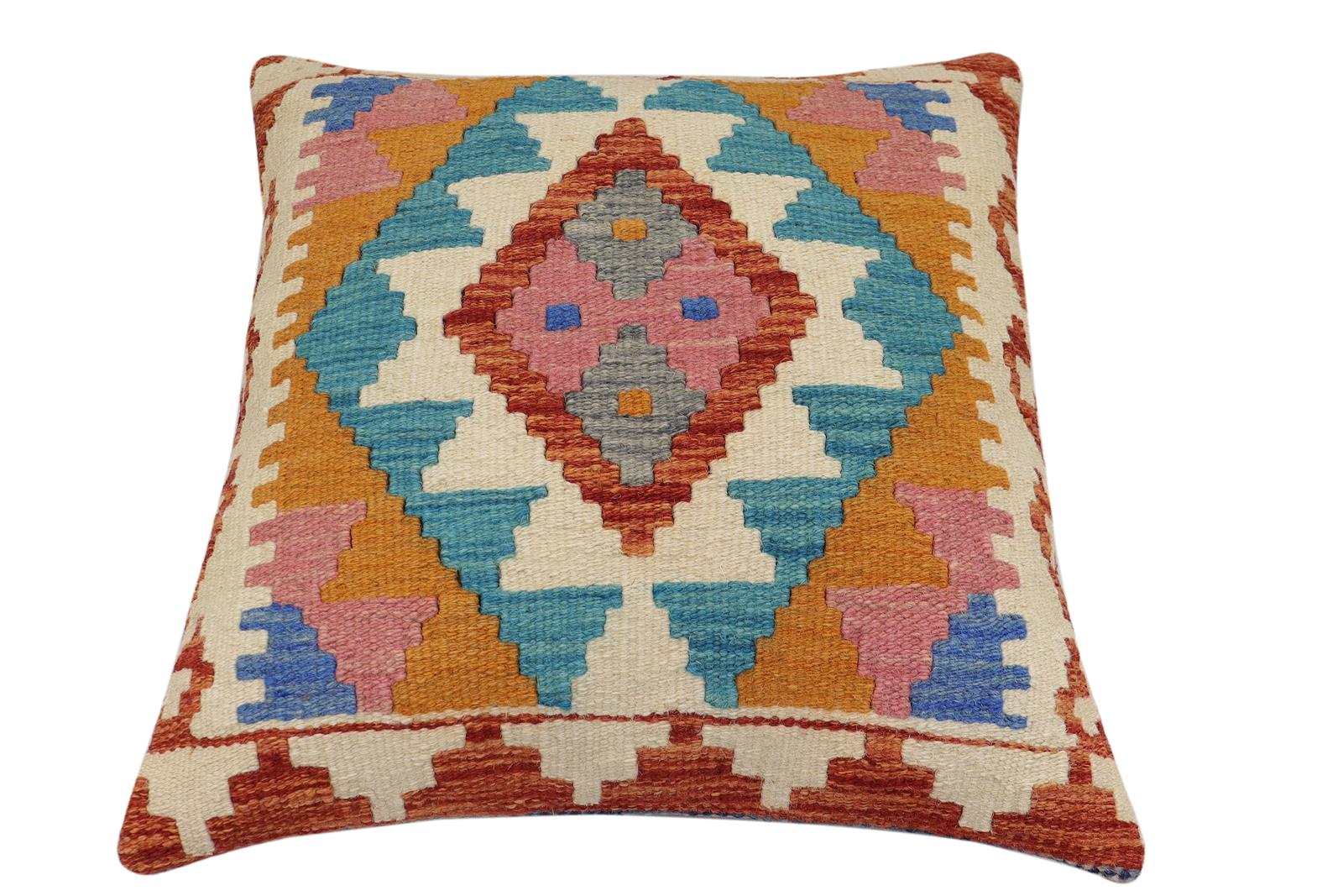 handmade Traditional Pillow Rust Blue Hand-Woven SQUARE 100% WOOL Hand woven turkish pillow2 x 2