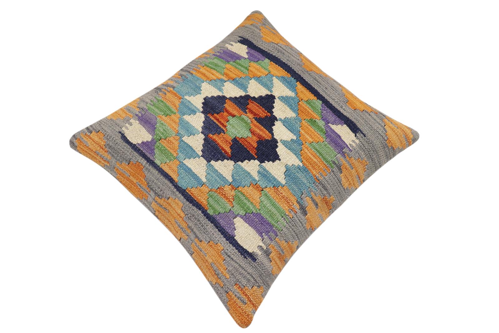 handmade Traditional Pillow Blue Gray Hand-Woven SQUARE 100% WOOL  Hand woven turkish pillow  2 x 2
