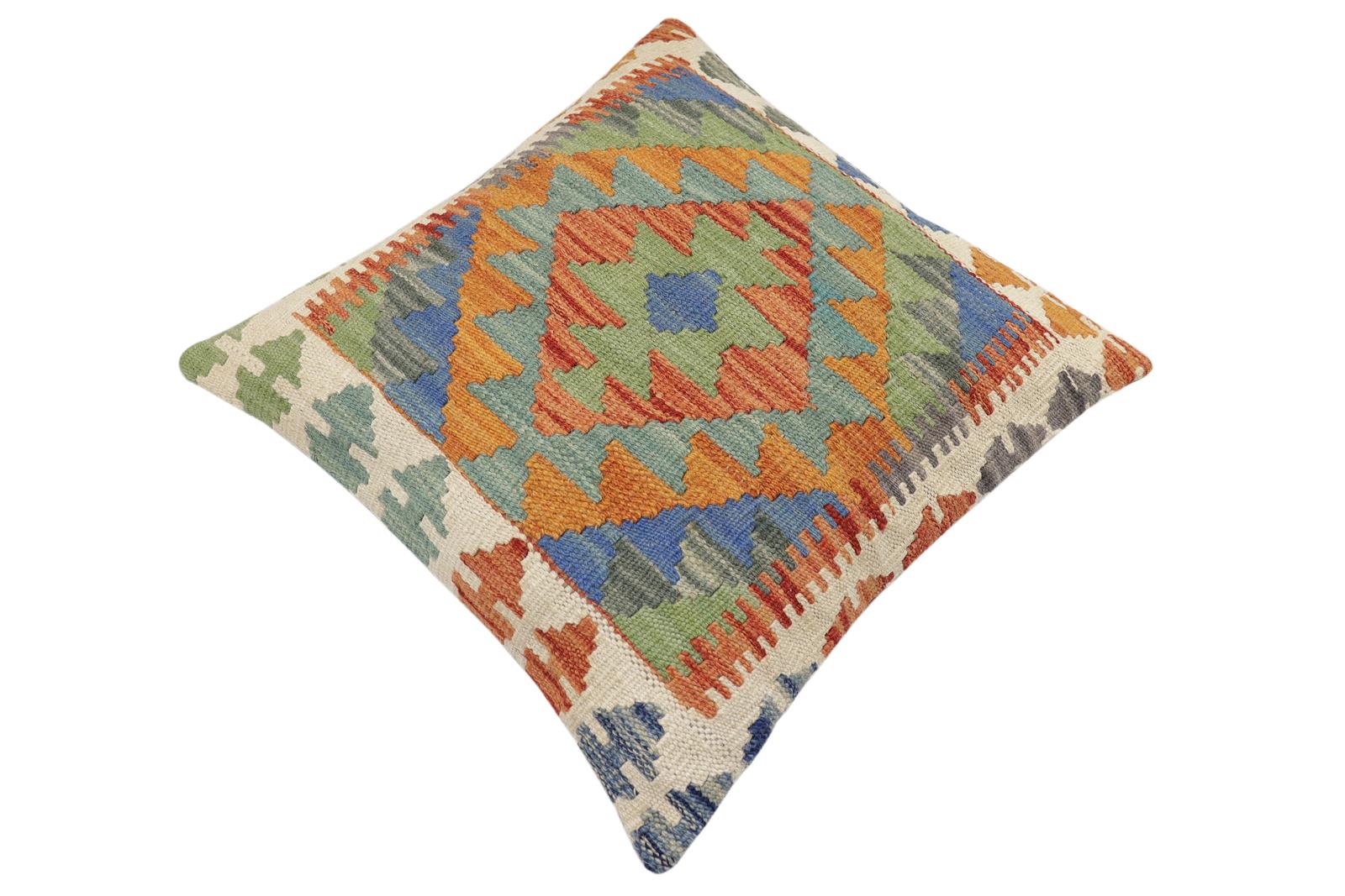 handmade Traditional Pillow Rust Blue Hand-Woven SQUARE 100% WOOL Hand woven turkish pillow2 x 2