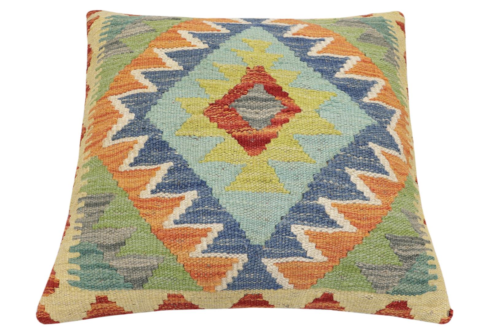 handmade Traditional Pillow Rust Blue Hand-Woven SQUARE 100% WOOL Hand woven turkish pillow2 x 2