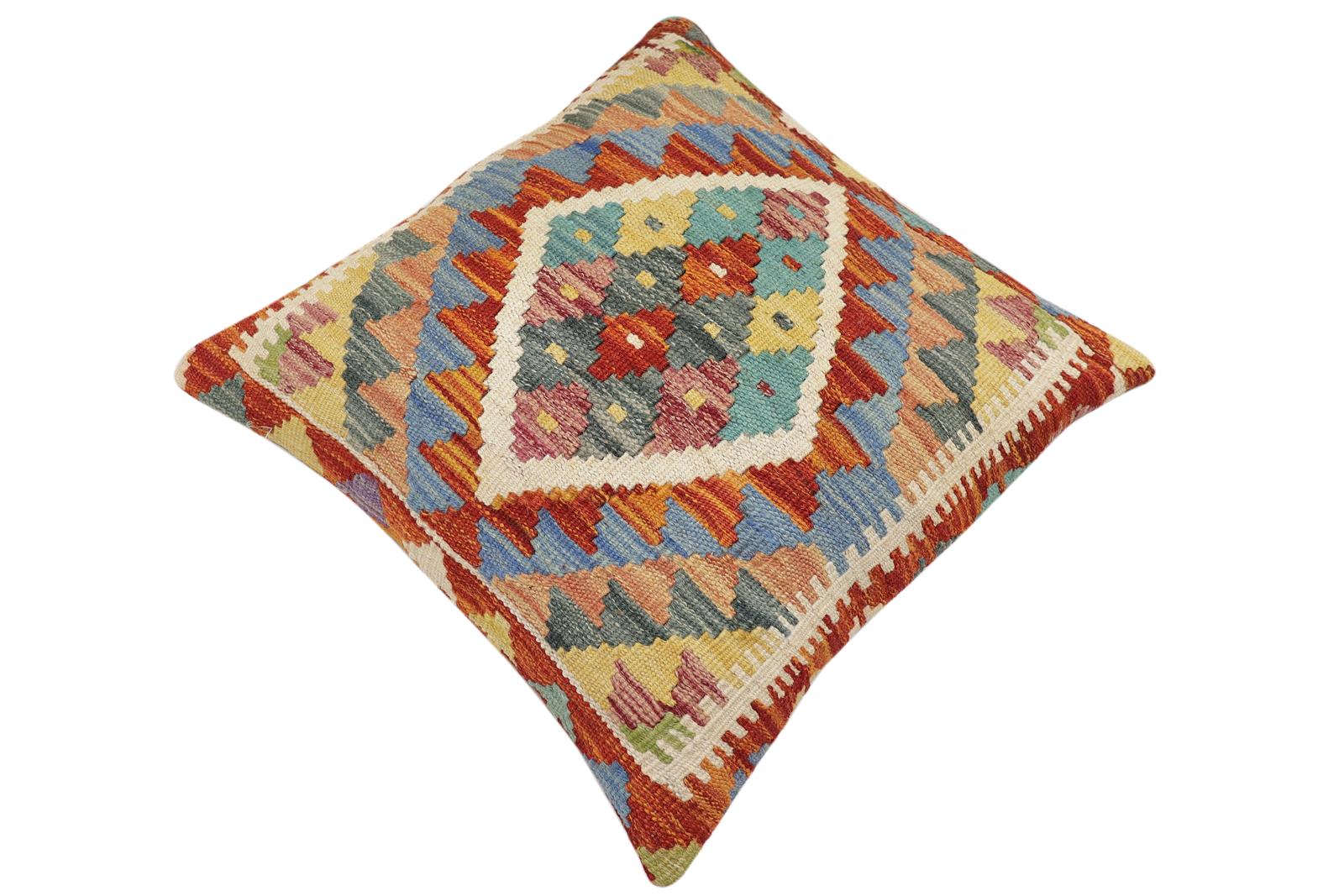 handmade Traditional Pillow Rust Blue Hand-Woven SQUARE 100% WOOL Hand woven turkish pillow2 x 2