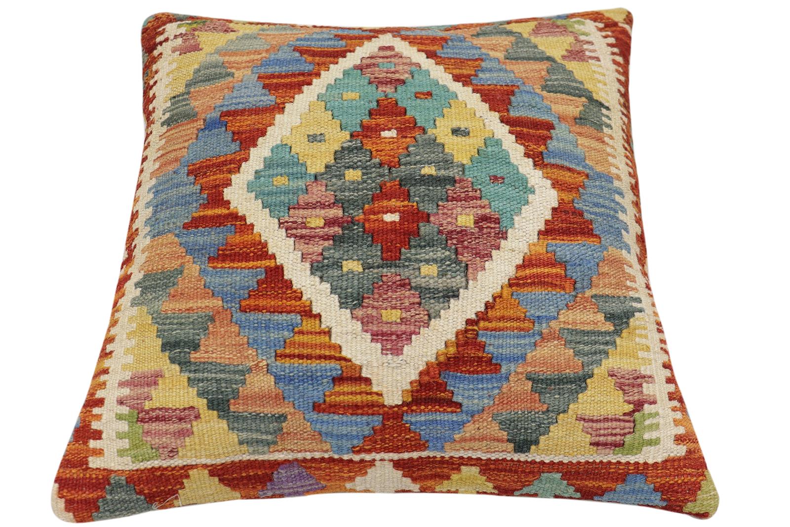 handmade Traditional Pillow Rust Blue Hand-Woven SQUARE 100% WOOL Hand woven turkish pillow2 x 2