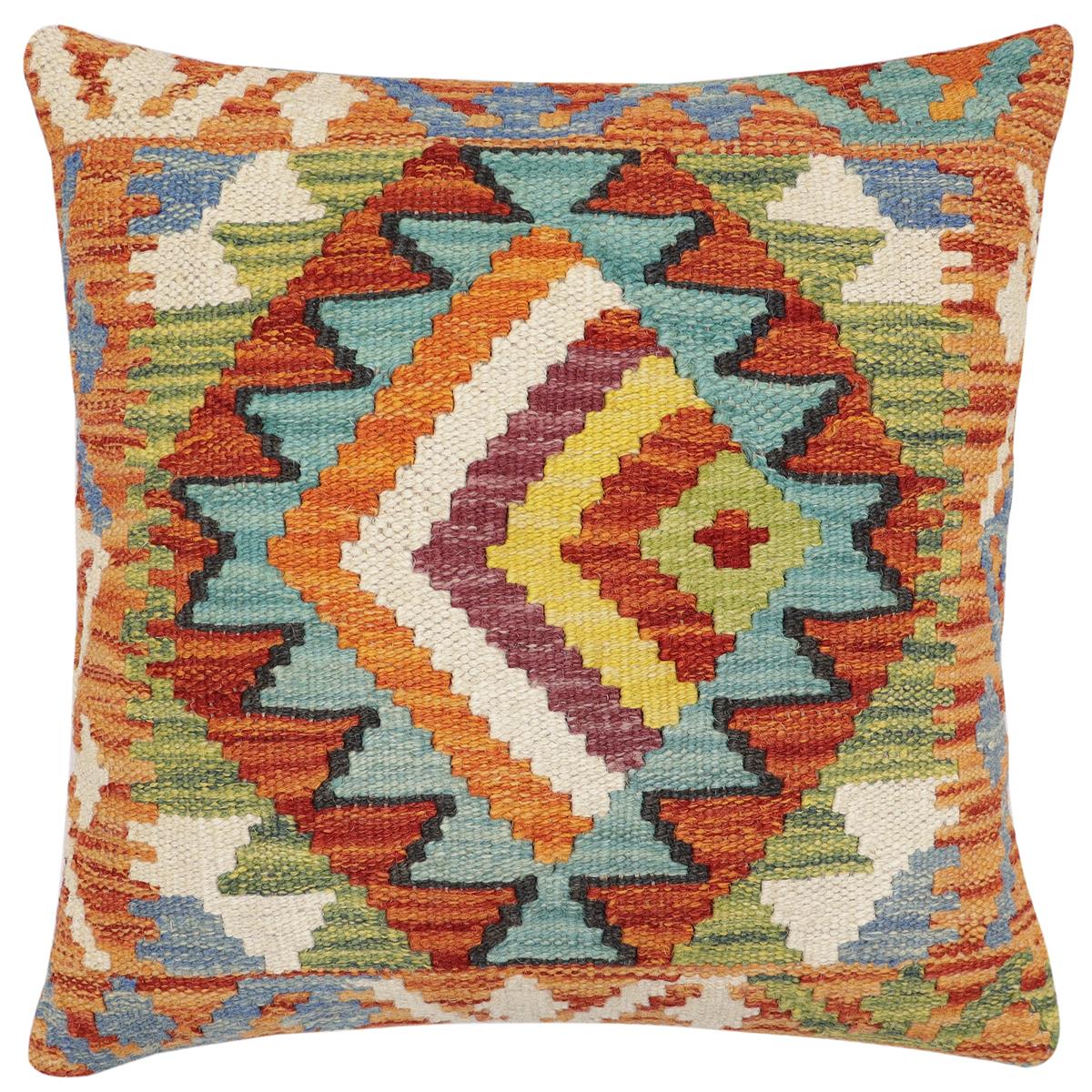 18x18 hand woven kilim throw pillow in rust, blue and beige - Tribal Turkish Willian