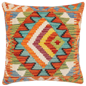 18x18 hand woven kilim throw pillow in rust, blue and beige - Tribal Turkish Willian